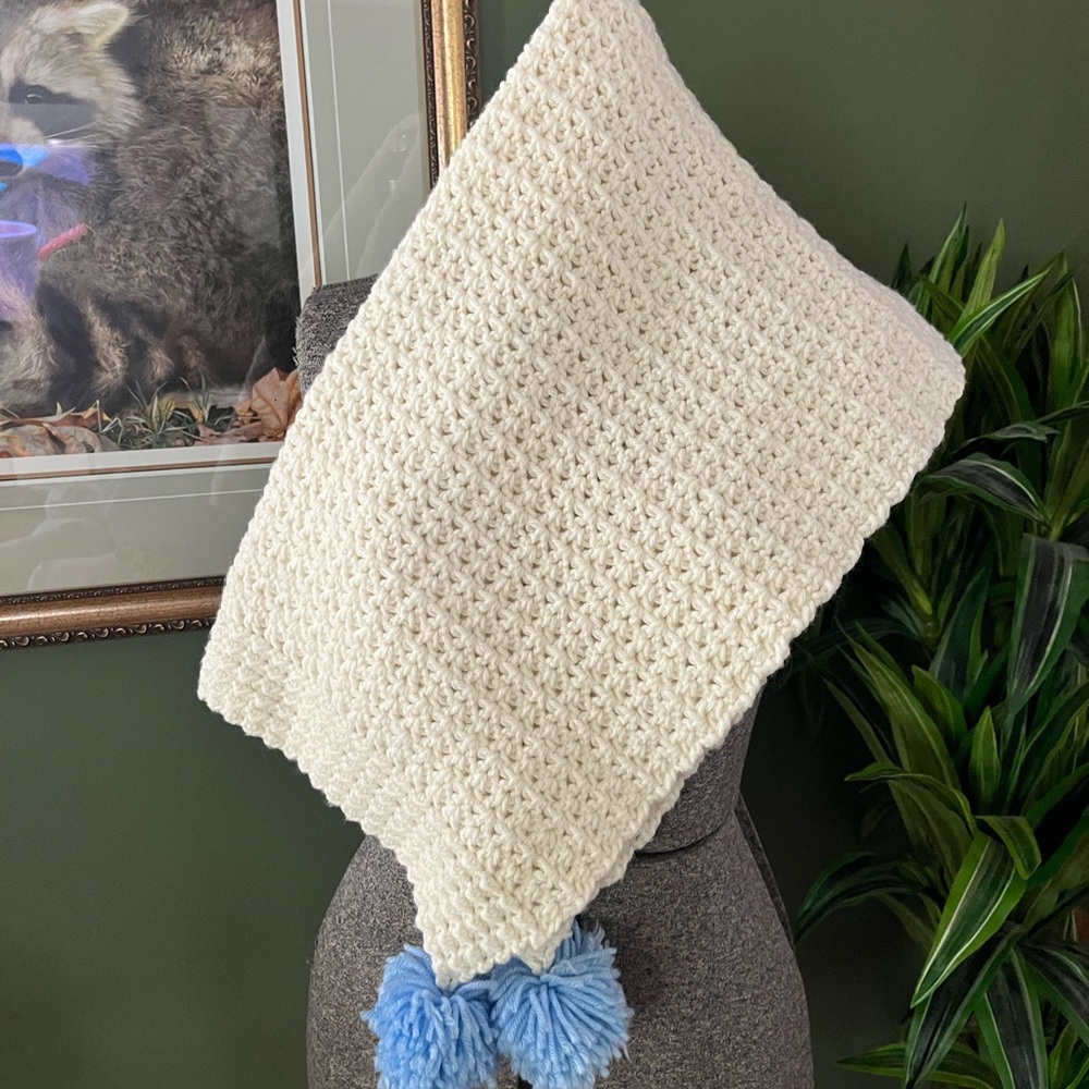 Handmade Knitted Baby Blanket with Blue Pom Poms
